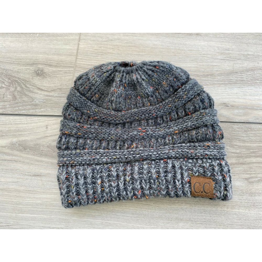 C C Winter Knitted Beanie Hat with High Bun Ponytail Gray